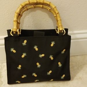 Pineapple embroidered bag wooden handles